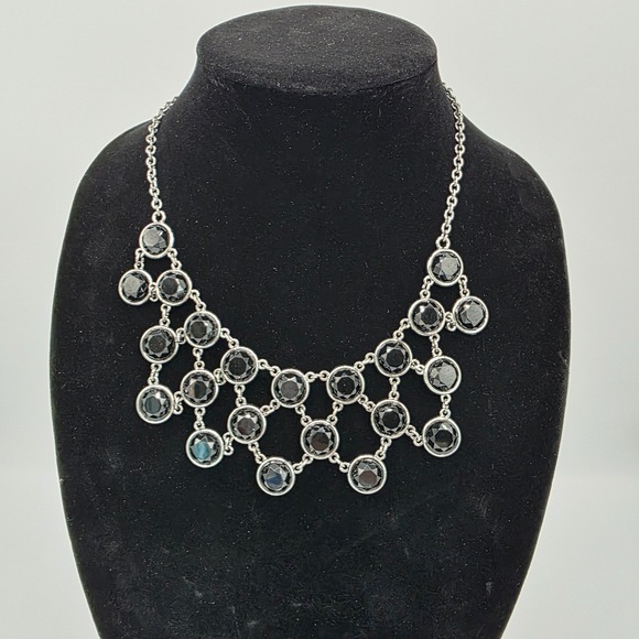 Liz Claiborne Jewelry - Liz Claiborne Womens Bib Silver Tone Black Rhinestone Chain Pendant Necklace 22"